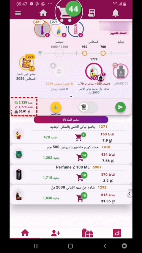 سلة التسوق والتكلفة والوزن والنقاط