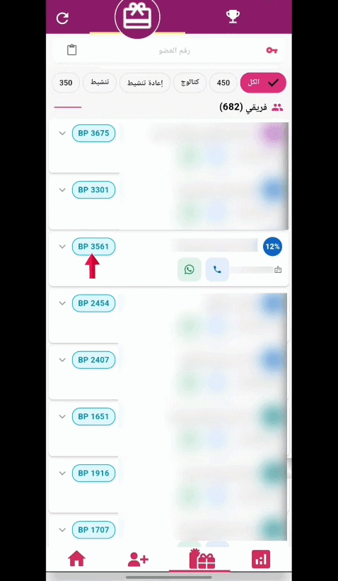 قائمة الهدايا المنسدلة لكل عضو في تقرير العروض
