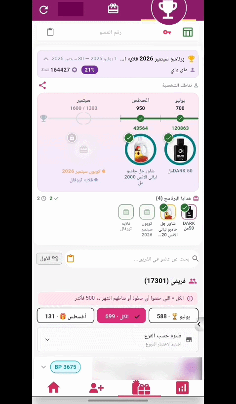 الهدايا المتاحة في تقرير البرنامج